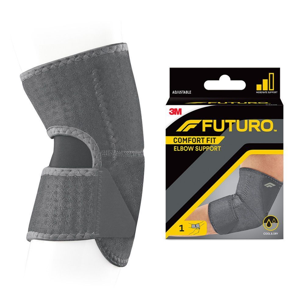 Bandage de coude FUTURO Comfort Fit sur un modèle de plâtre, à côté de l'emballage.