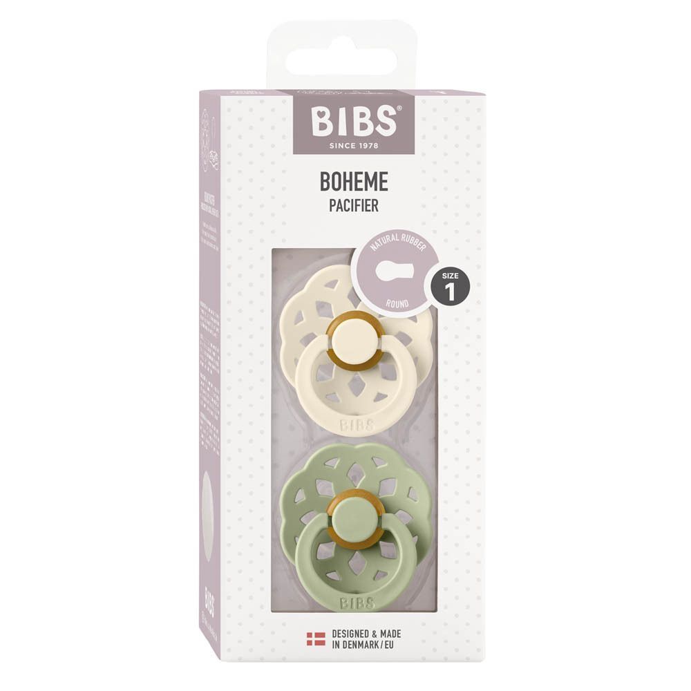 Drie BIBS fopspenen in saliegroen met bloemenpatroon schild, maat 1.