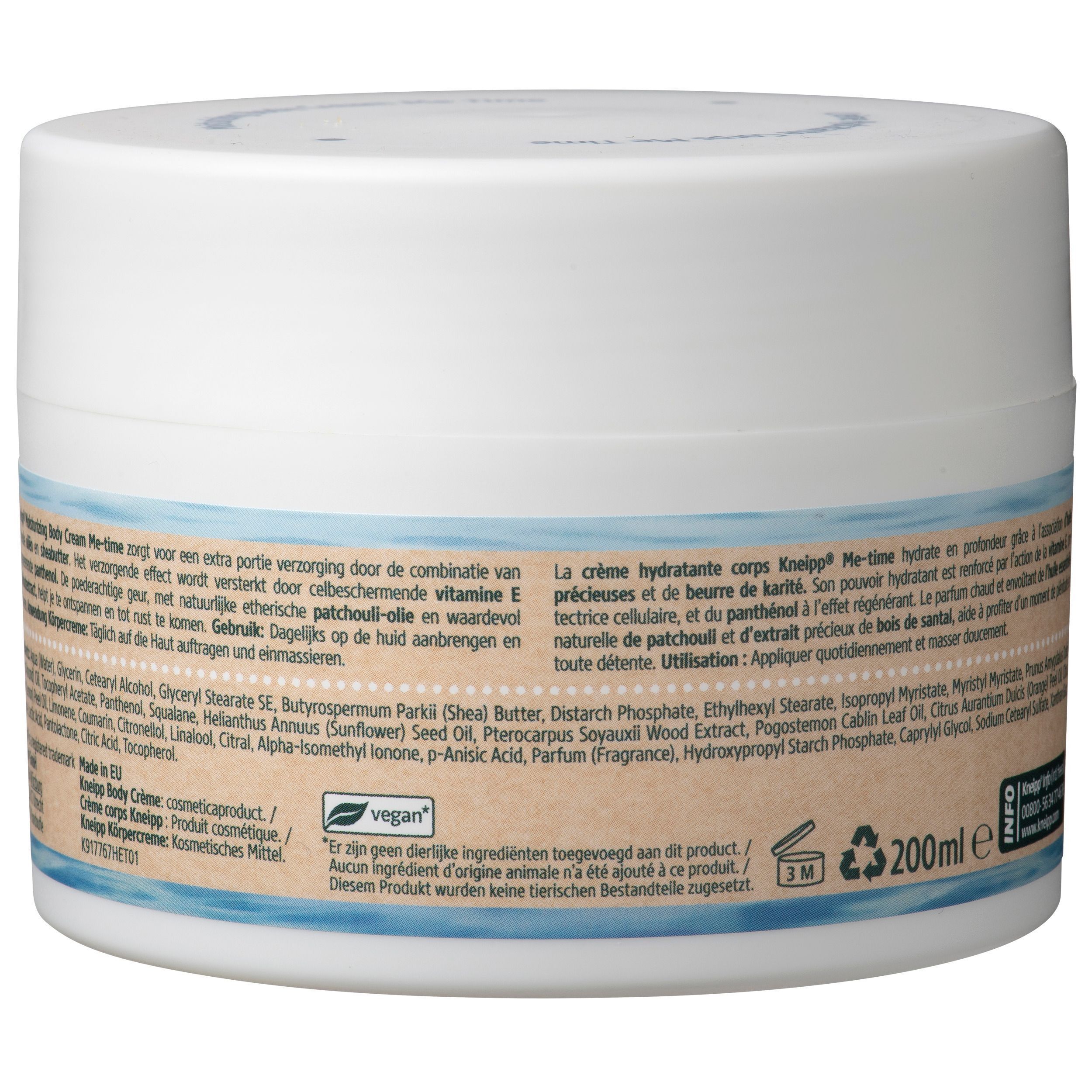 Arrière d'un pot de Crème Corps Kneipp Me-Time avec ingrédients et indication 200ml.