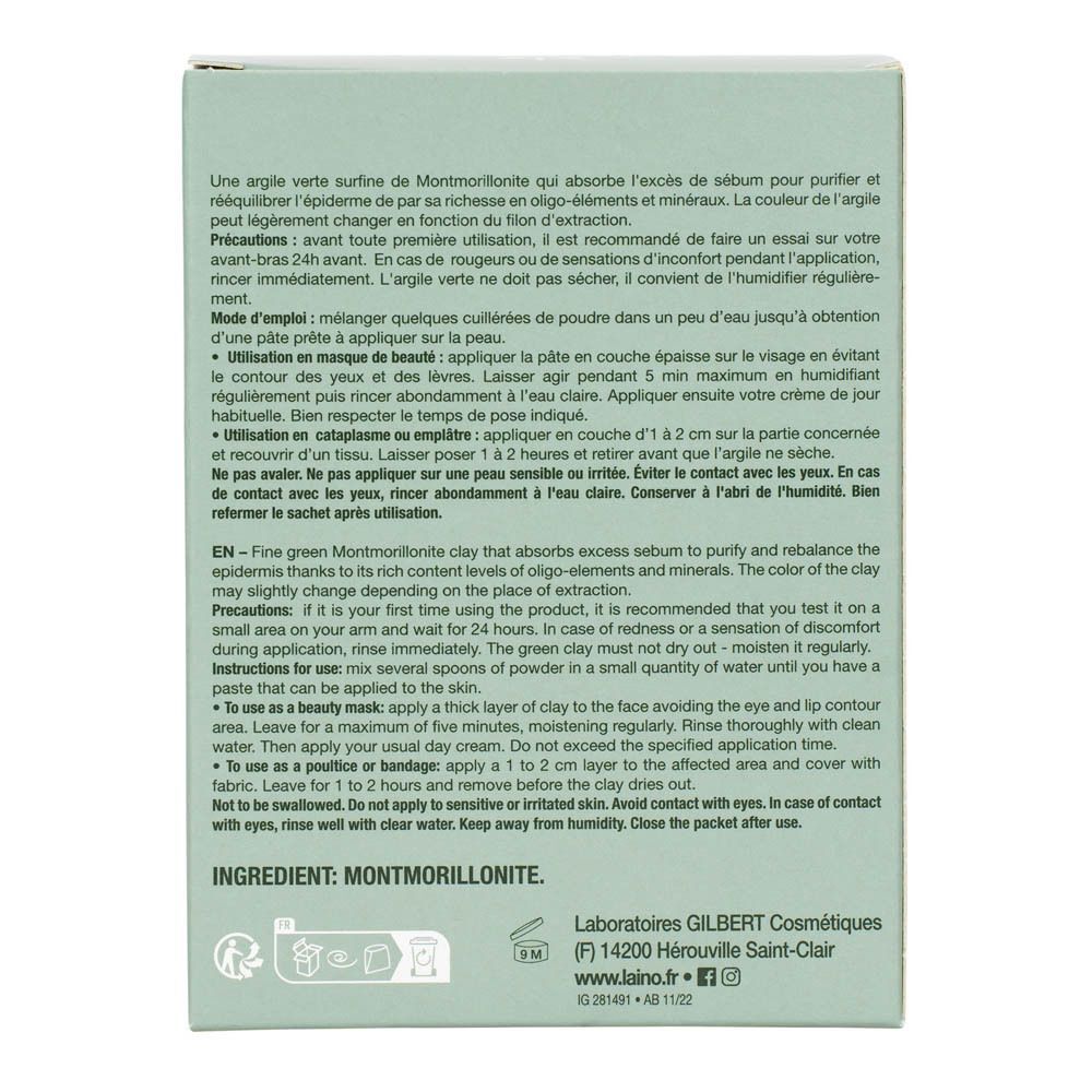 Arrière d'un paquet d'Argile Verte Surfine Laino avec instructions d'utilisation.
