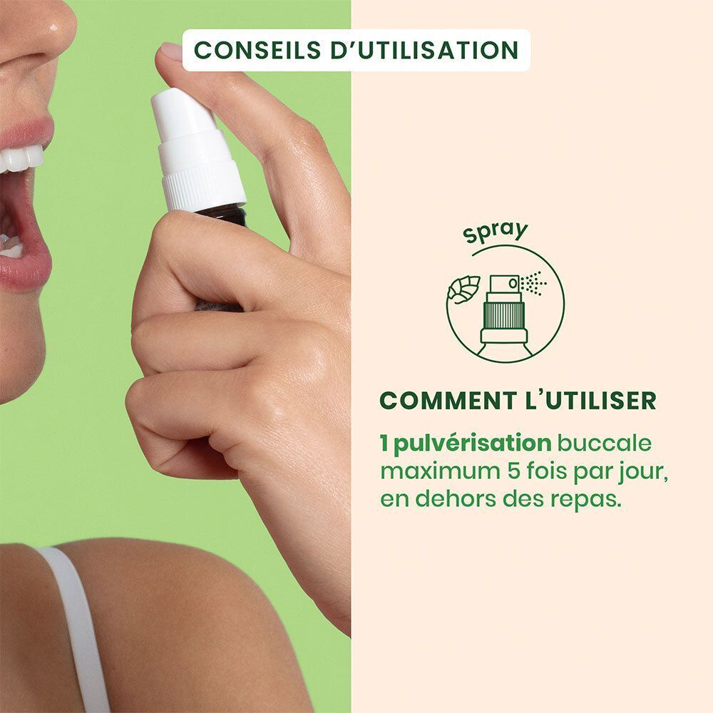 Application du spray buccal HerbalGem Tilleul Bio.