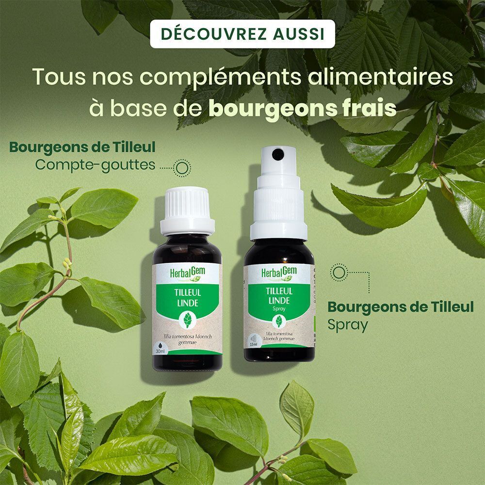 HerbalGem Tilleul Bio Spray et flacon compte-gouttes, bourgeons de tilleul.