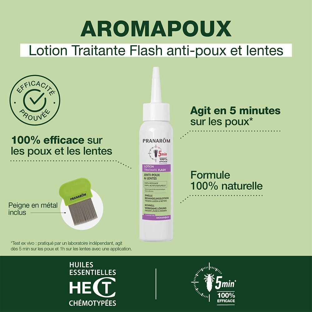 Pranarôm Aromapoux Lotion : flacon, peigne, efficacité 100% sur poux et lentes.