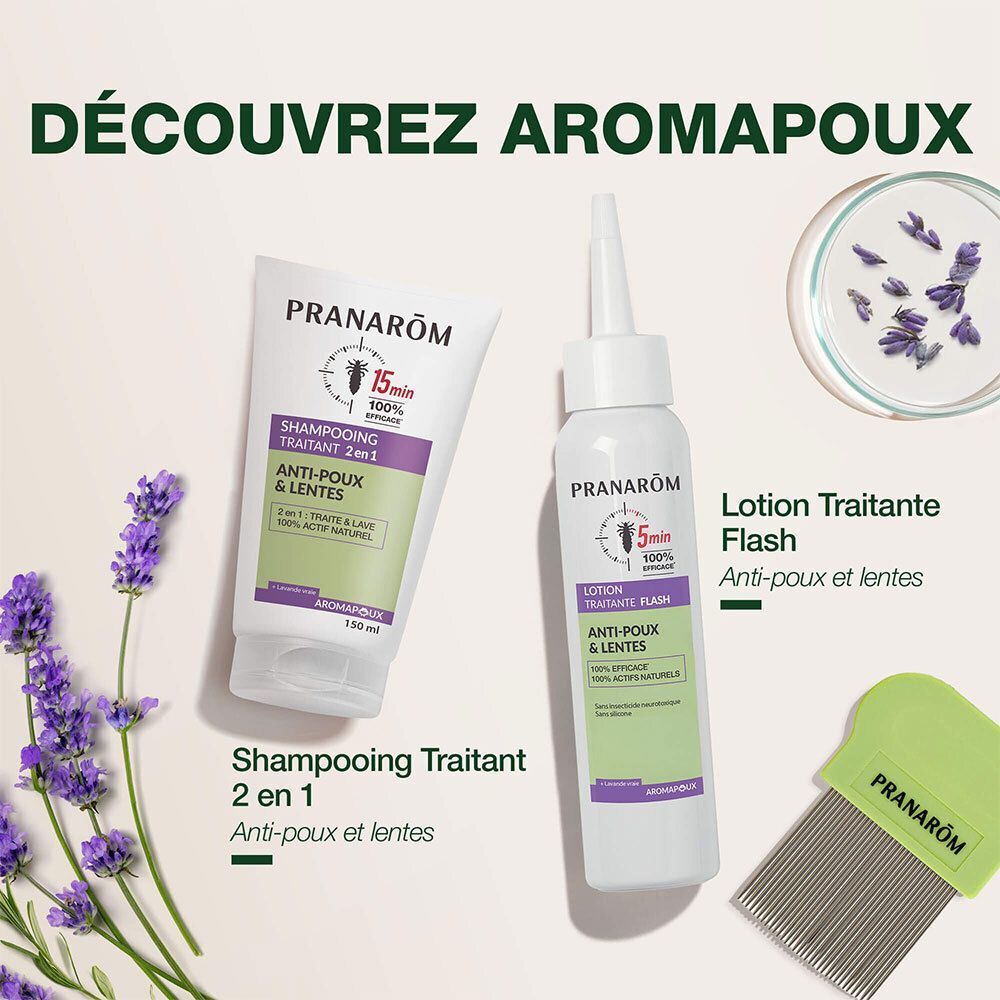 Pranarôm Aromapoux : shampooing traitant et lotion anti-poux et lentes.