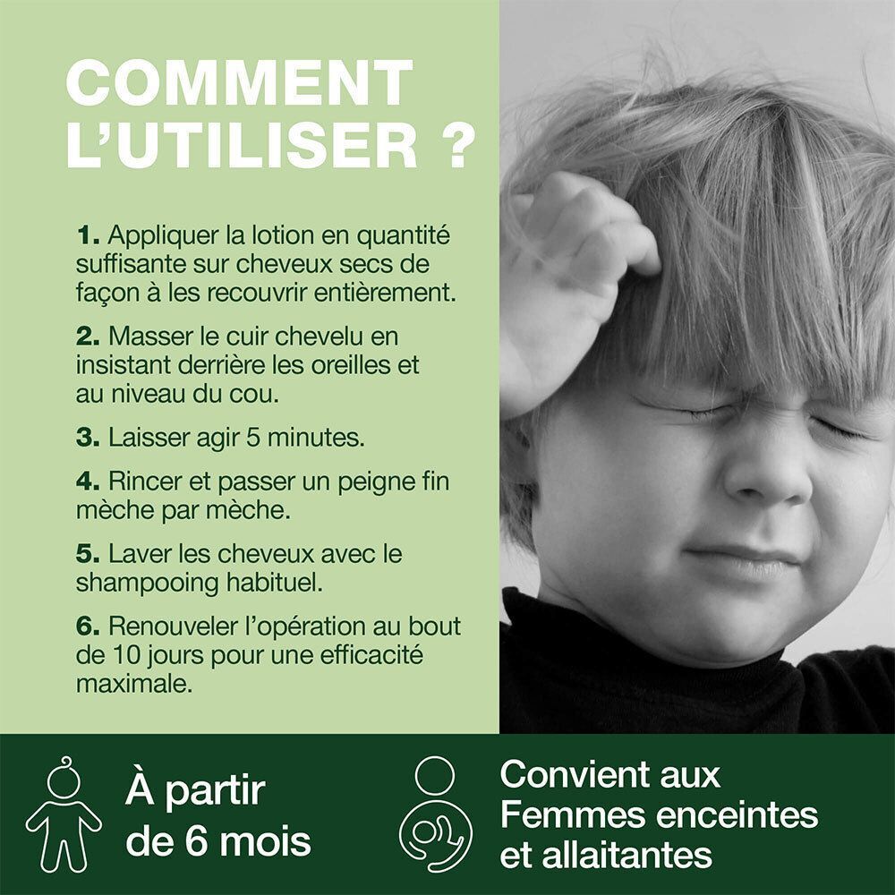 Utilisation Lotion Pranarôm Anti-Poux : dès 6 mois, femmes enceintes et allaitantes.