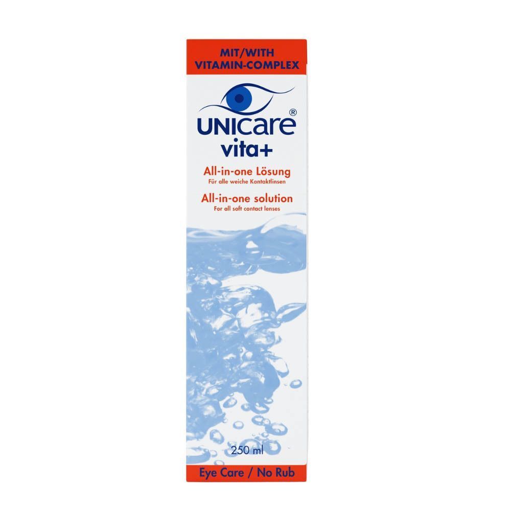 Verpakking van de Unicare Vita+ alles-in-één lenzenvloeistof, 250ml.