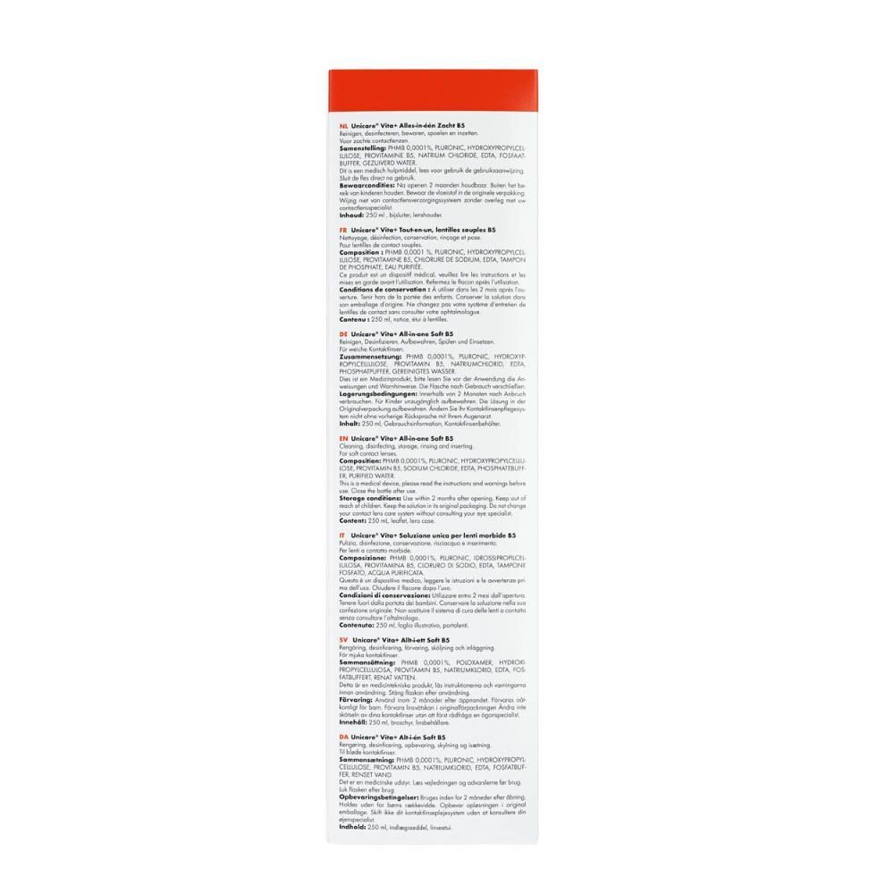 Achterkant van de verpakking van Unicare Vita+ lenzenvloeistof met meertalige informatie.
