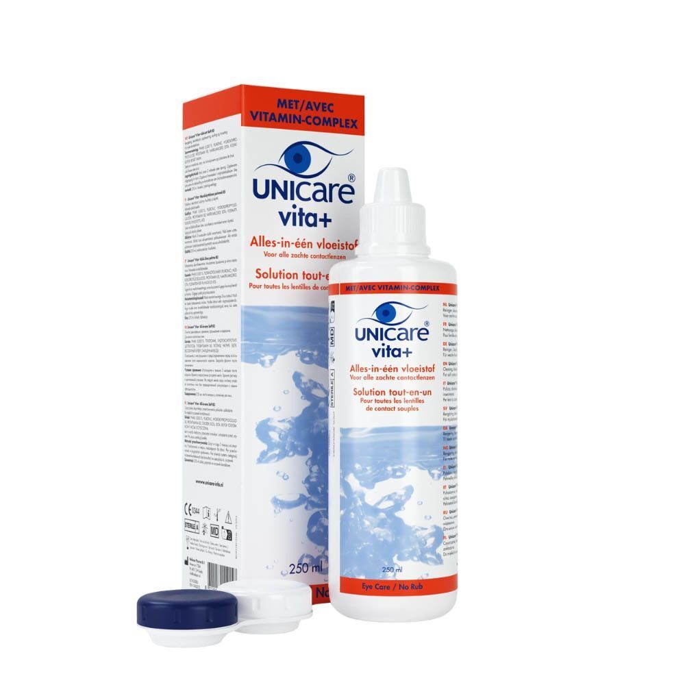 Solution tout-en-un Unicare Vita+ avec étui et bouchon, 250 ml.