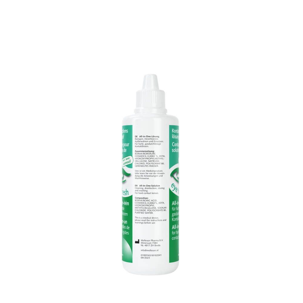 Arrière d'un flacon Eye Fresh Solution pour lentilles de contact avec instructions.