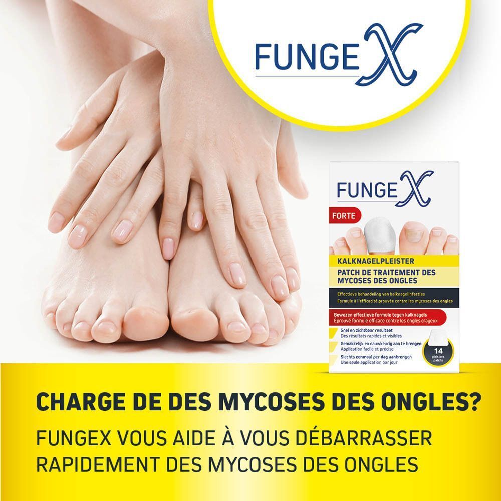 Pieds et une boîte de patchs Fungex Forte pour mycose des ongles, promus pour le traitement des mycoses.