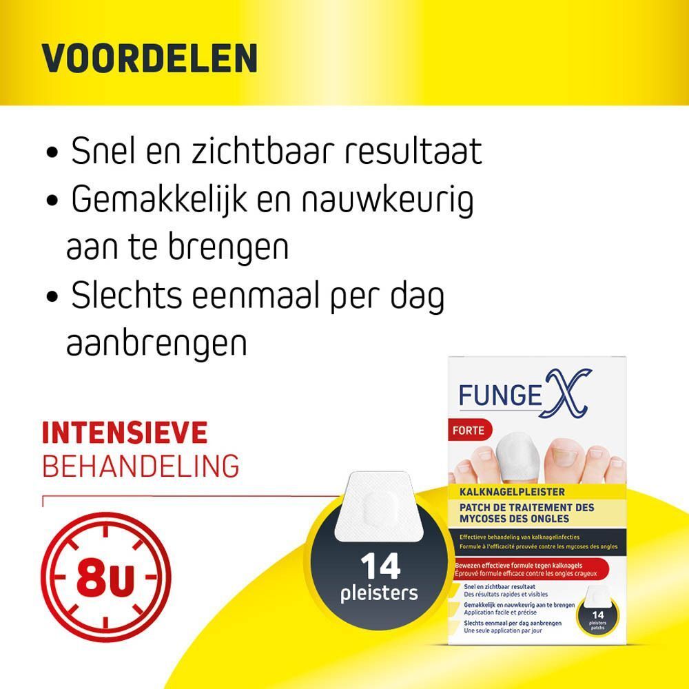 Vier stappen voor het gebruik van Fungex Forte nagelschimmelpleisters.
