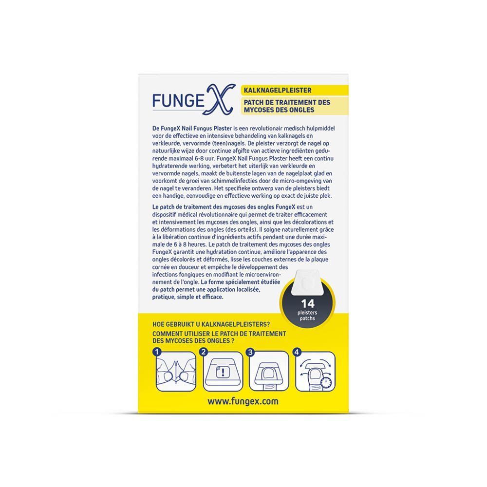 Achterkant van de FungeX nagelschimmelpleister verpakking met instructies en productinformatie.