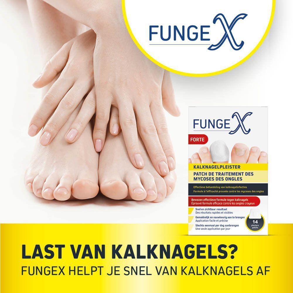 Voeten en handen met gezonde nagels, naast de verpakking van FungeX nagelschimmelpleister Forte.