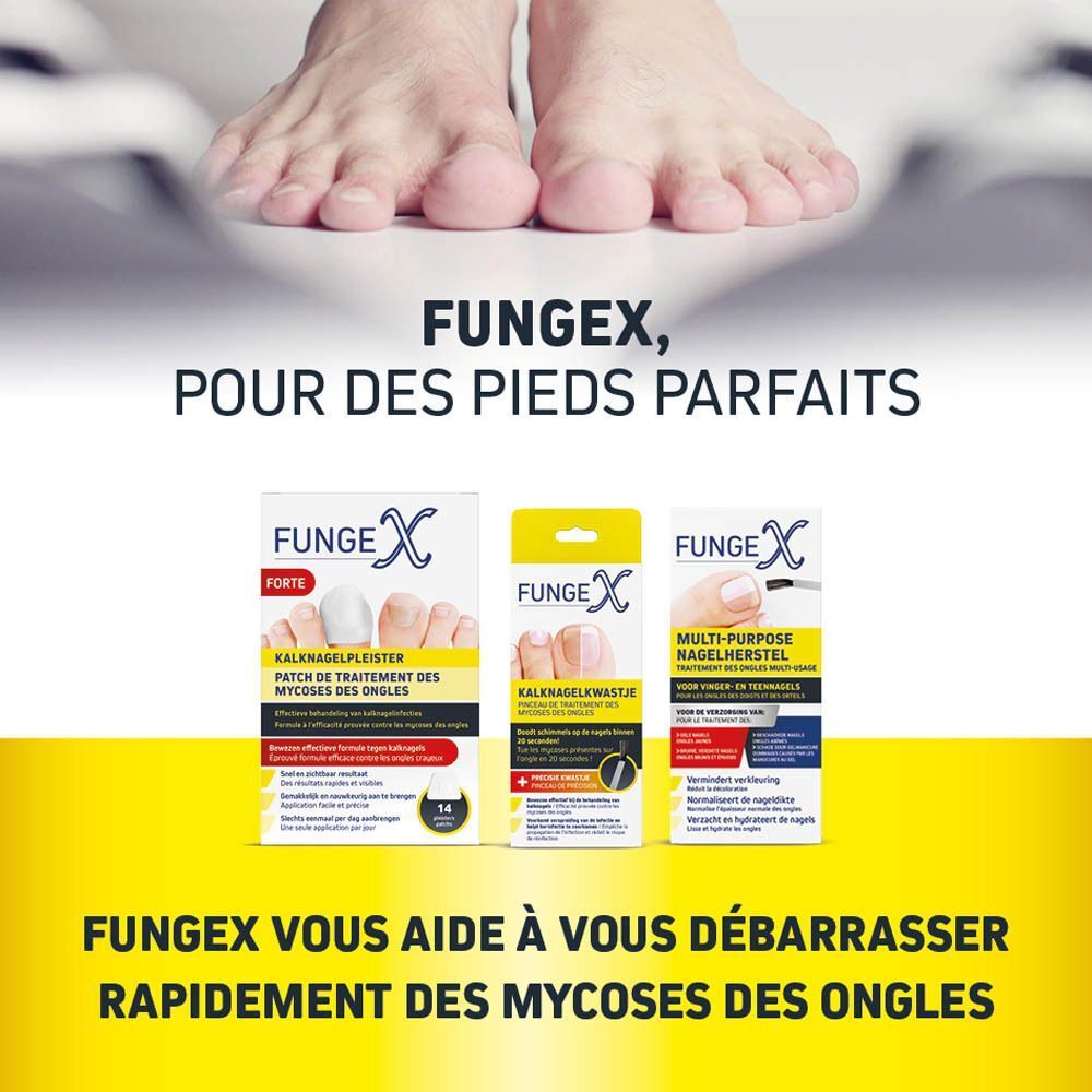Cinq produits FungeX, y compris des patchs pour mycose des ongles et un réparateur d'ongles.