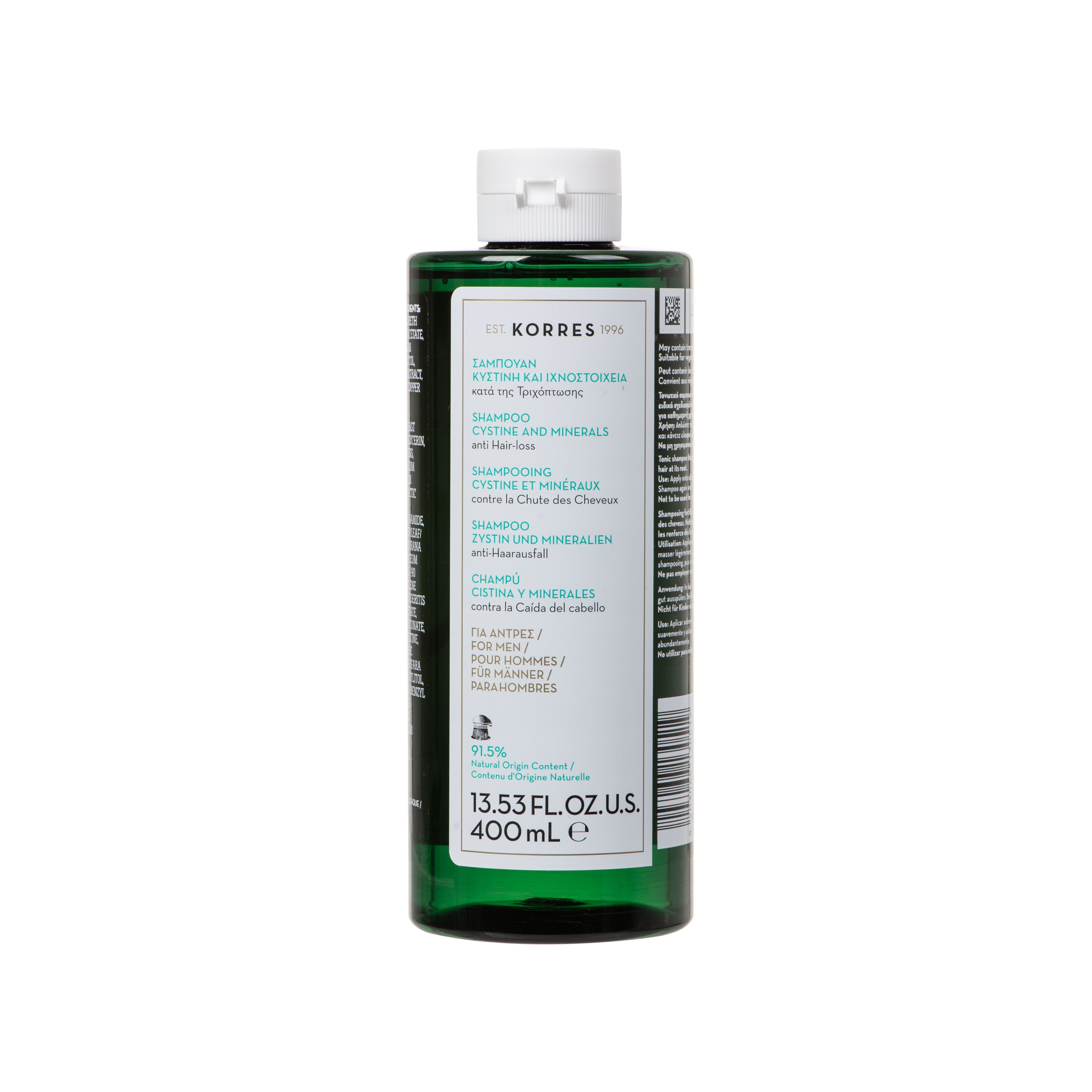 Bouteille verte de shampoing Korres à la cystine et minéraux, 400ml.
