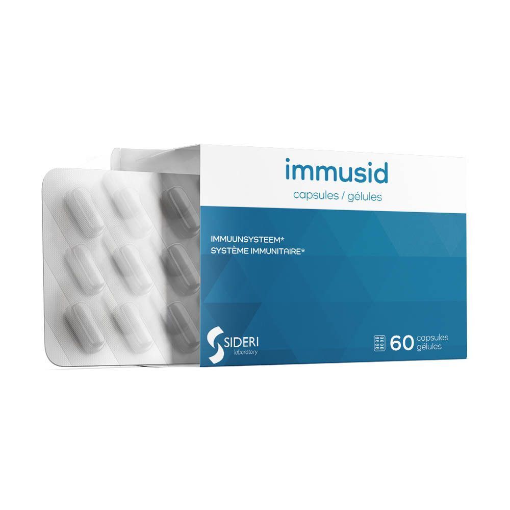 Een doos Sideri Laboratory Immusid met 60 capsules, blisterverpakking zichtbaar.