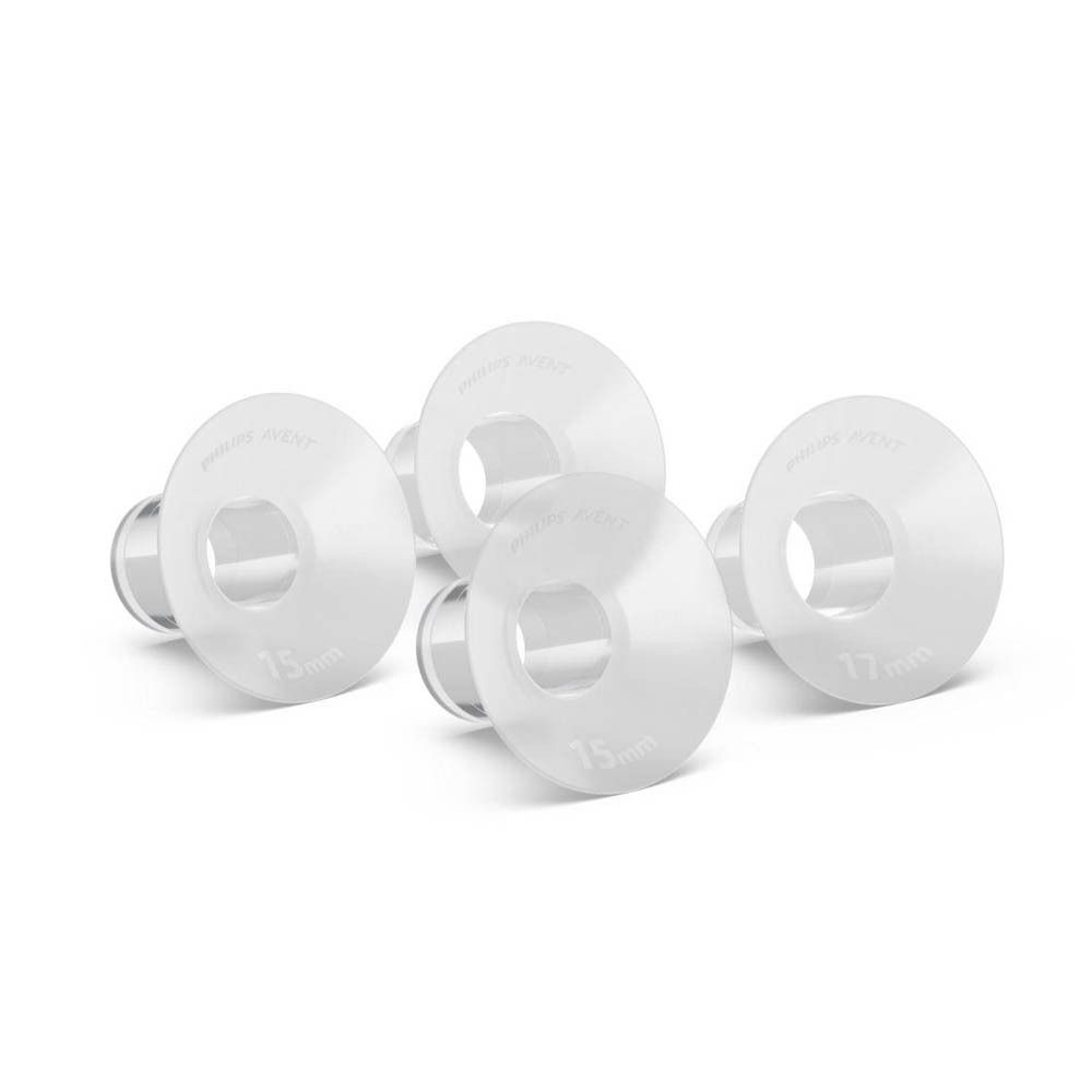 Twee dozen Philips Avent borstkolfonderdelen, 2x 15 mm en 2x 17 mm.