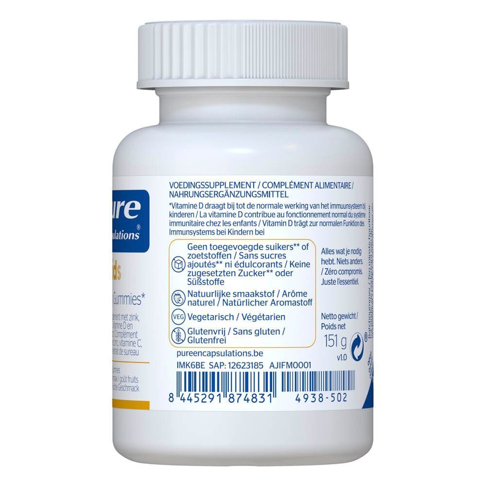 Arrière d'un flacon de Pure Encapsulations Kids Immunity Gummies avec informations nutritionnelles.