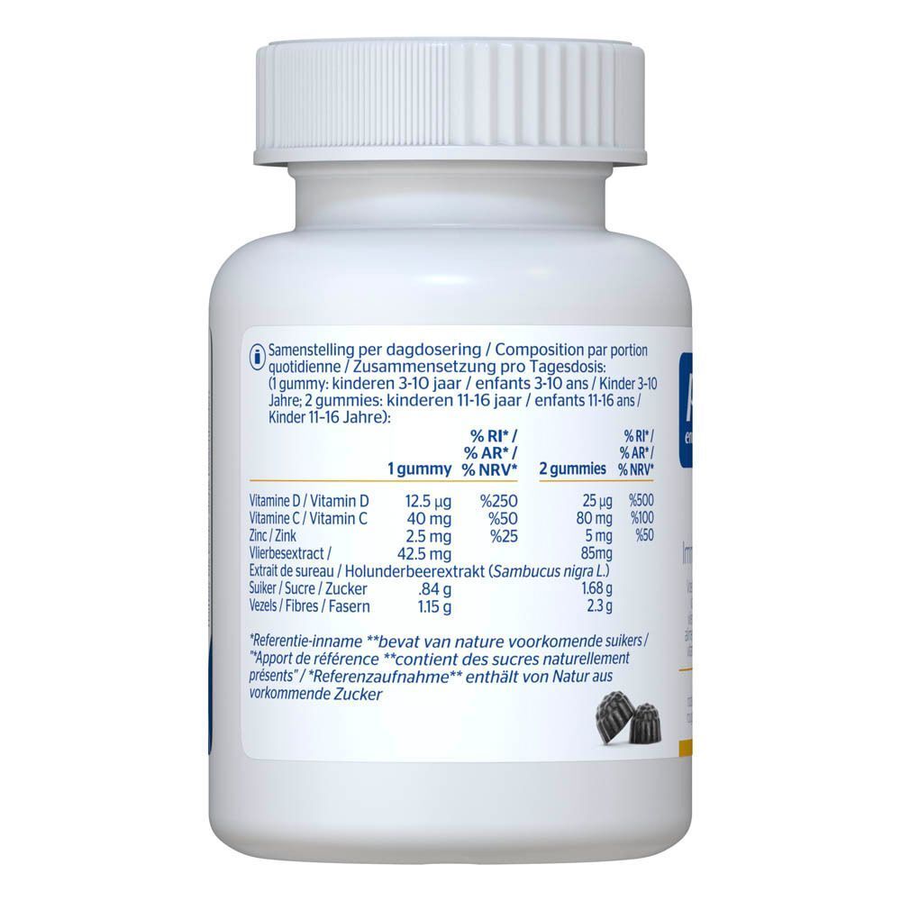 Achterkant van een fles Pure Encapsulations Kids Immunity Gummies met doserings- en ingrediënteninformatie.