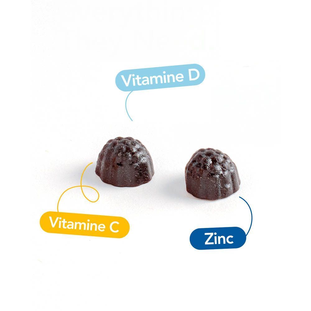 Deux gommes avec indications sur la vitamine D, la vitamine C et le zinc.