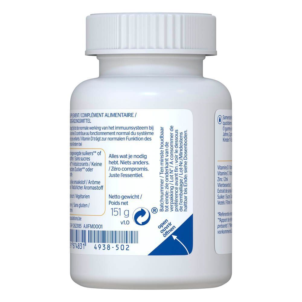 Arrière d'un flacon de Pure Encapsulations Kids Immunity Gummies avec informations de dosage.