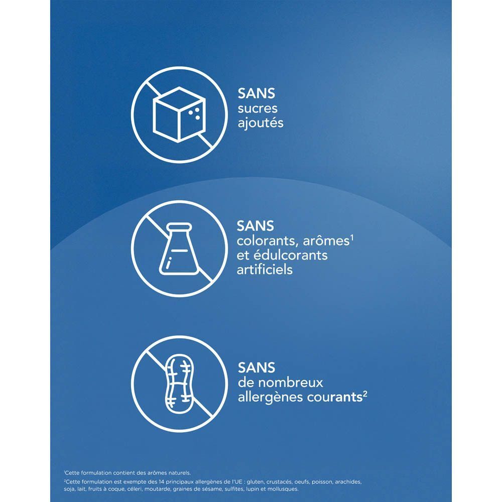 Graphiques montrant une composition sans sucres, sans colorants/arômes artificiels, sans allergènes.