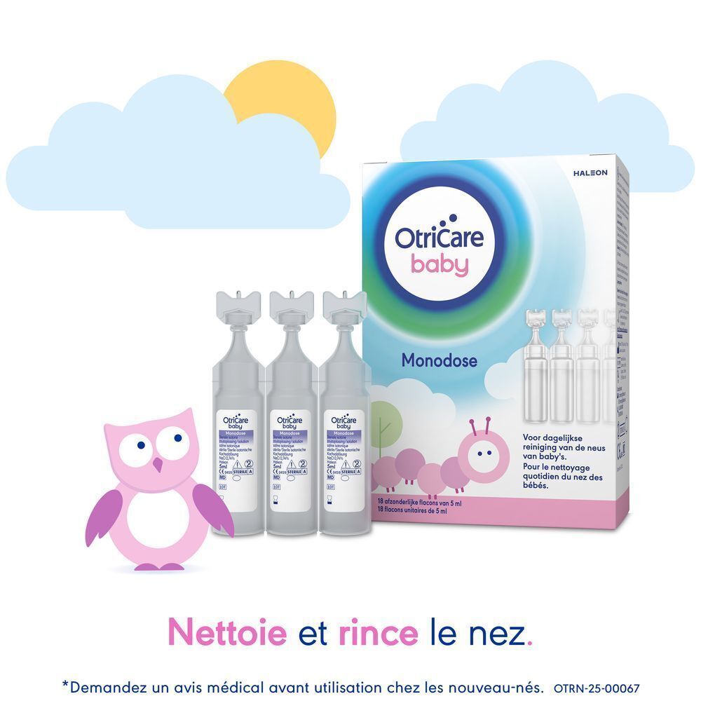 OtriCare Baby Monodose avec trois unidoses et sa boîte. Illustrations de nuages et chenille.