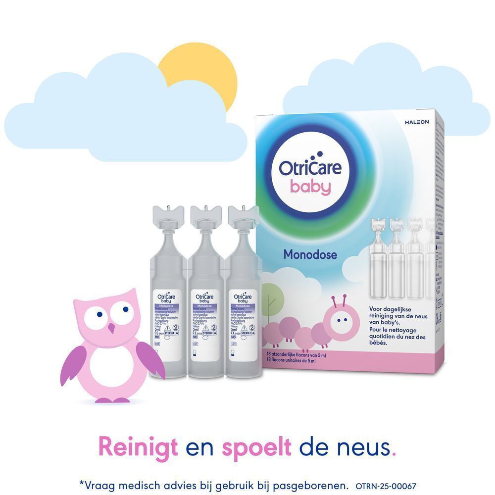OtriCare Baby Monodose met drie monodosisflesjes en verpakking. Illustraties van wolken en rups.