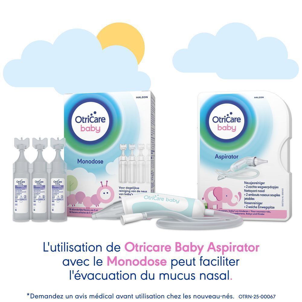 OtriCare Baby Monodose et aspirateur nasal. Illustrations de nuages et éléphant.