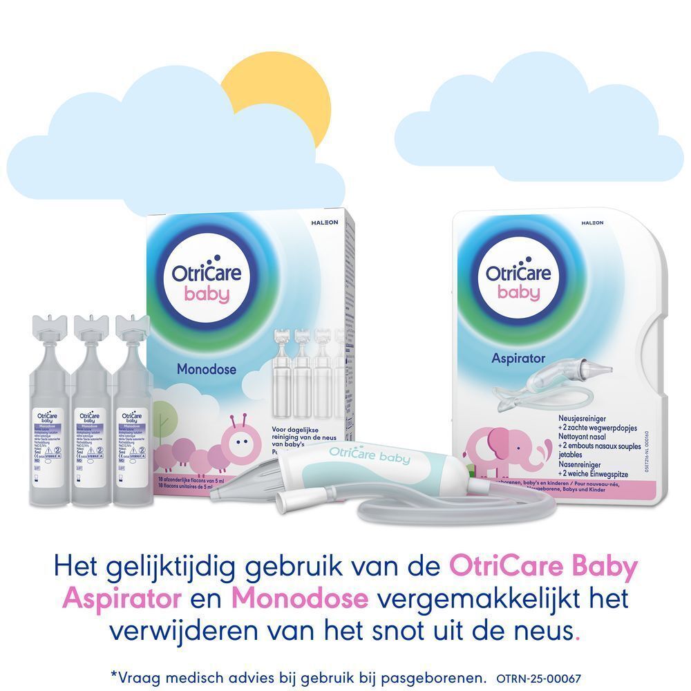 OtriCare Baby Monodose en neusreiniger. Illustraties van wolken en olifant.