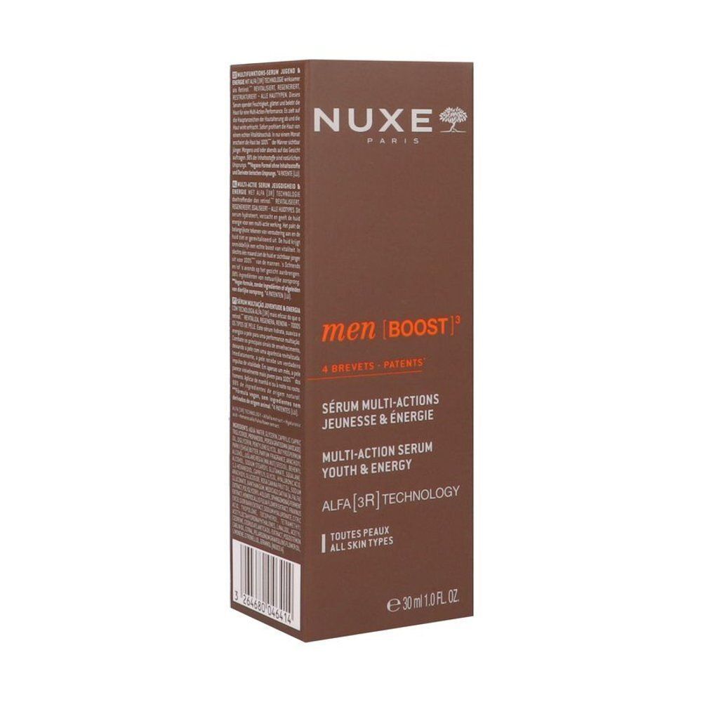 Boîte Nuxe Men Boost Multi-Action Sérum. Contient la technologie ALFA [3R] pour tous types de peaux.