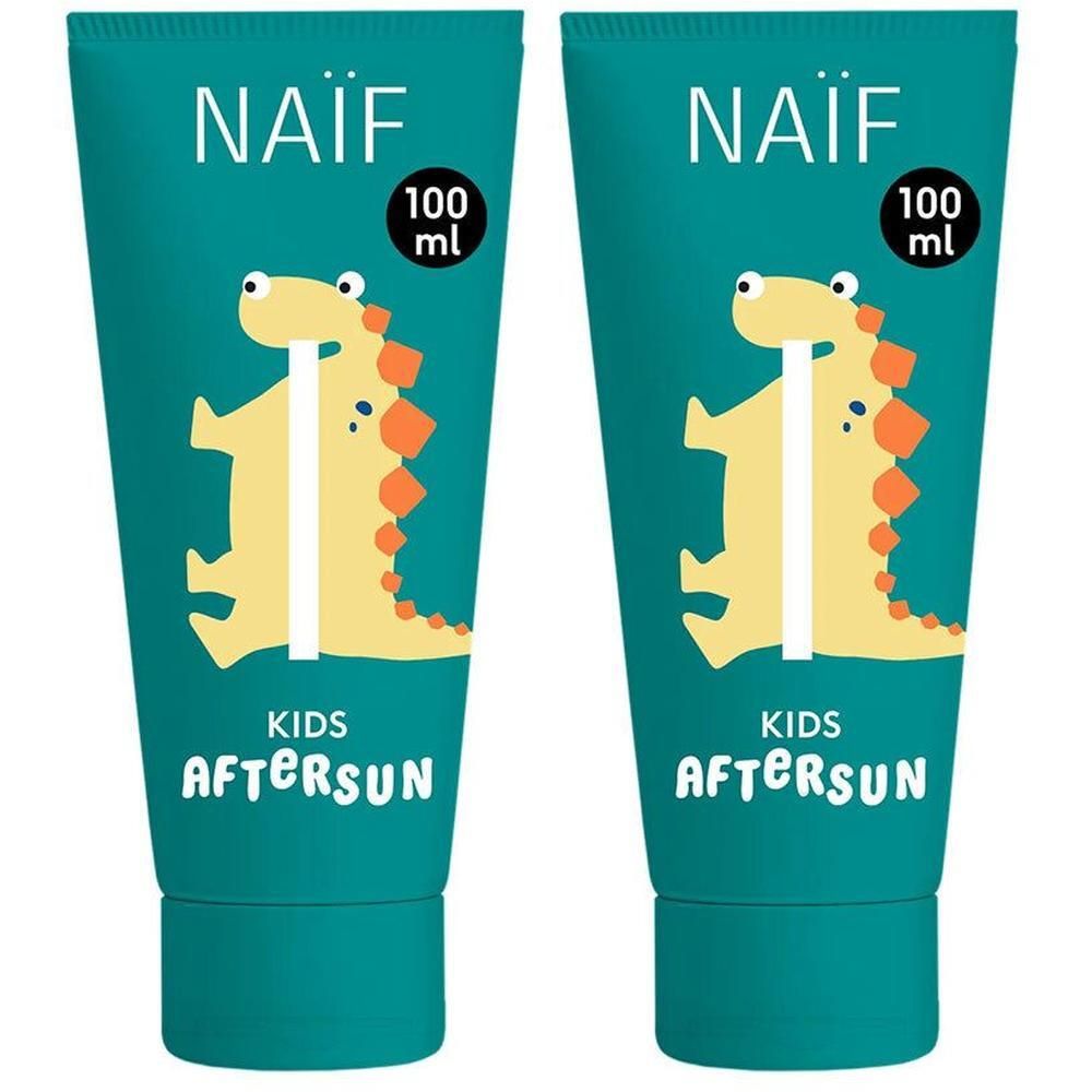 Zwei Tuben Naïf Kids After-Sun (100 ml) mit Dino-Motiv.