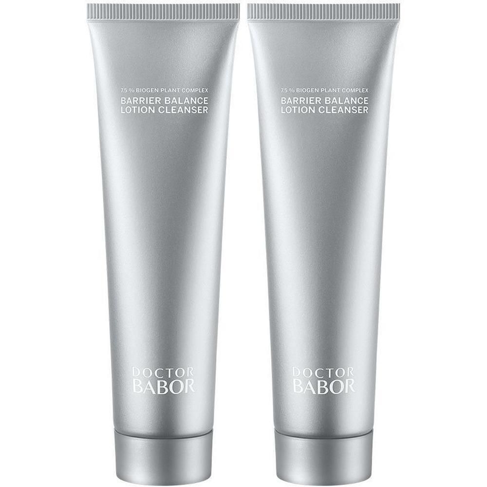 Zwei silberne Tuben mit "DOCTOR BABOR BARRIER BALANCE LOTION CLEANSER" Schriftzug.