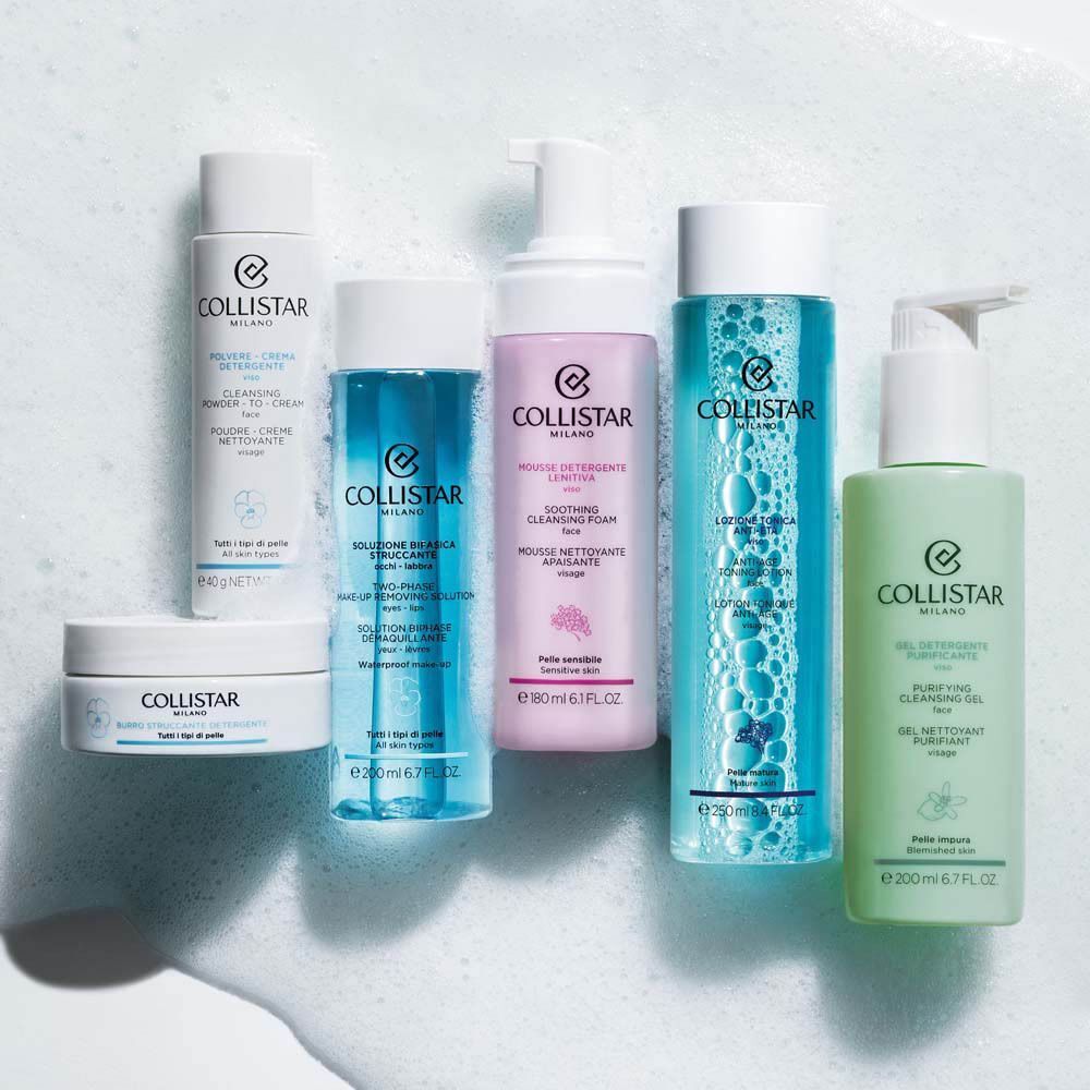 Zes Collistar huidverzorgingsproducten, waaronder lotions, een reinigingsschuim en een crème.