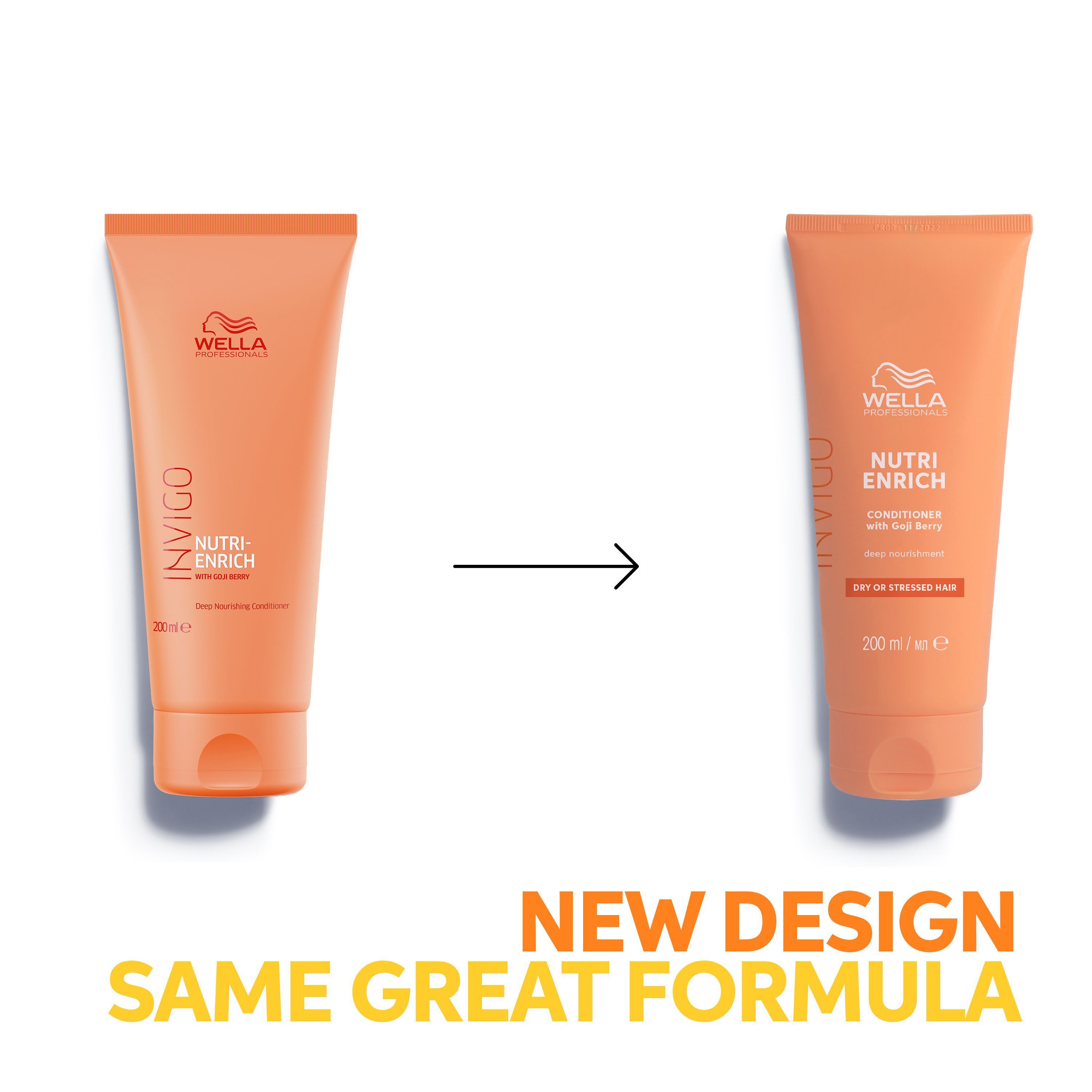 Deux tubes de Wella Nutri Enrich Conditioner orange, l'un avec l'ancien design, l'autre avec le nouveau.