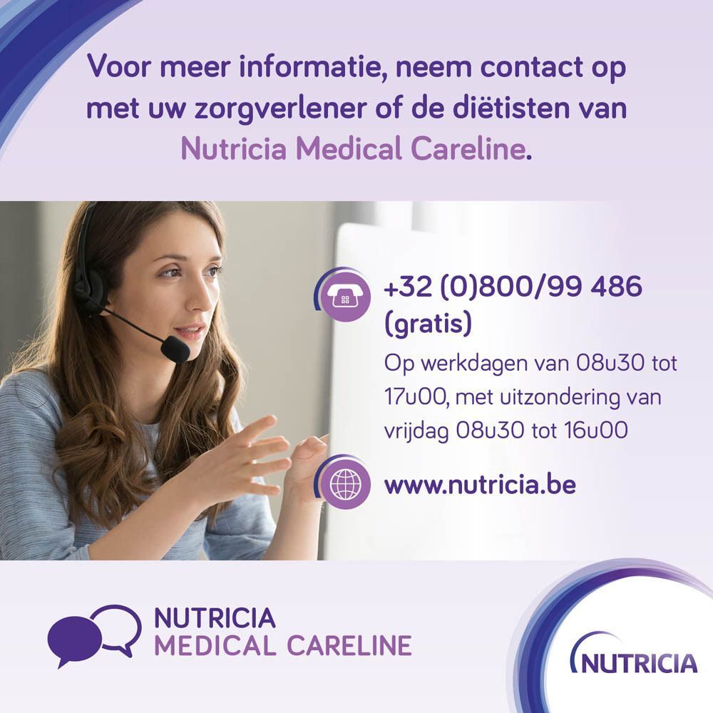 Een vrouw met headset spreekt, ernaast contactgegevens en website van Nutricia Medical Careline.