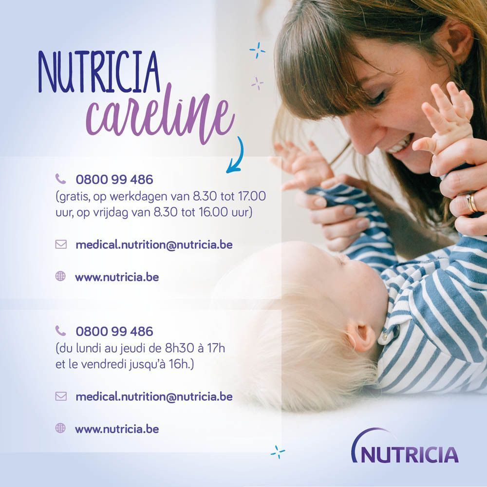 Logo Nutricia Careline avec coordonnées et une femme jouant avec un bébé.
