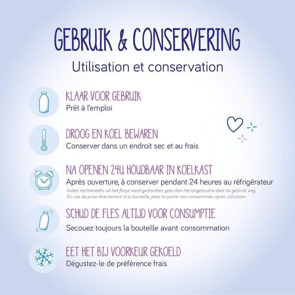 Gebruik en conservering: klaar voor gebruik, droog en koel bewaren, na openen 24u houdbaar in koelkast, schudden voor consumptie, bij voorkeur gekoeld eten.