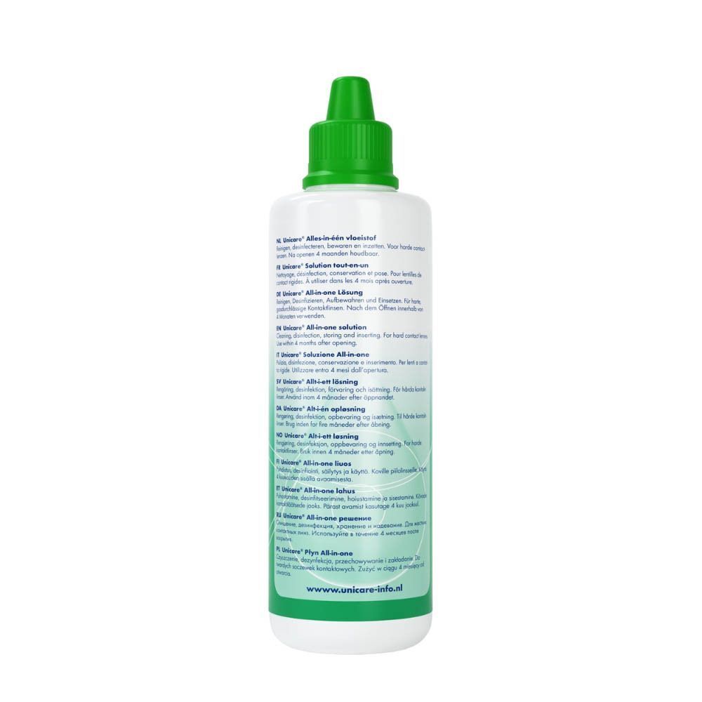 Dos de la solution tout-en-un Unicare pour lentilles rigides, flacon de 200 ml avec informations multilingues.