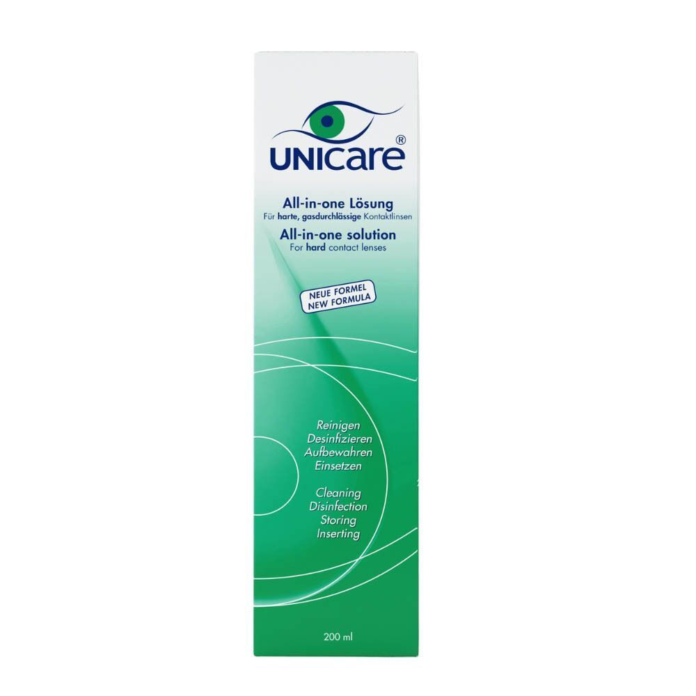 Verpakking van de Unicare Alles-in-één vloeistof voor harde contactlenzen, 200 ml, nieuwe formule.
