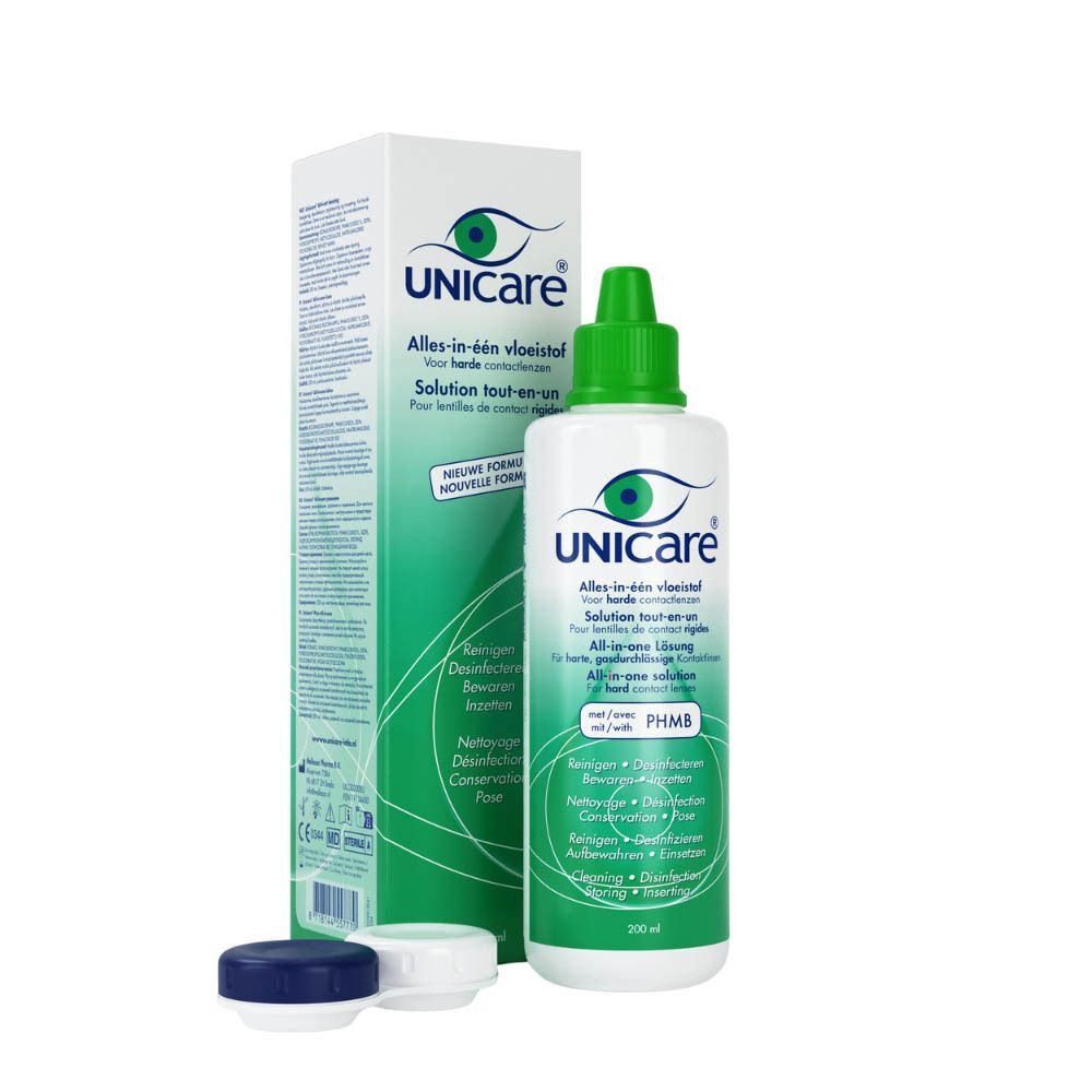 Unicare Alles-in-één vloeistof voor harde contactlenzen, 200 ml fles, verpakking en lenzenbakje.