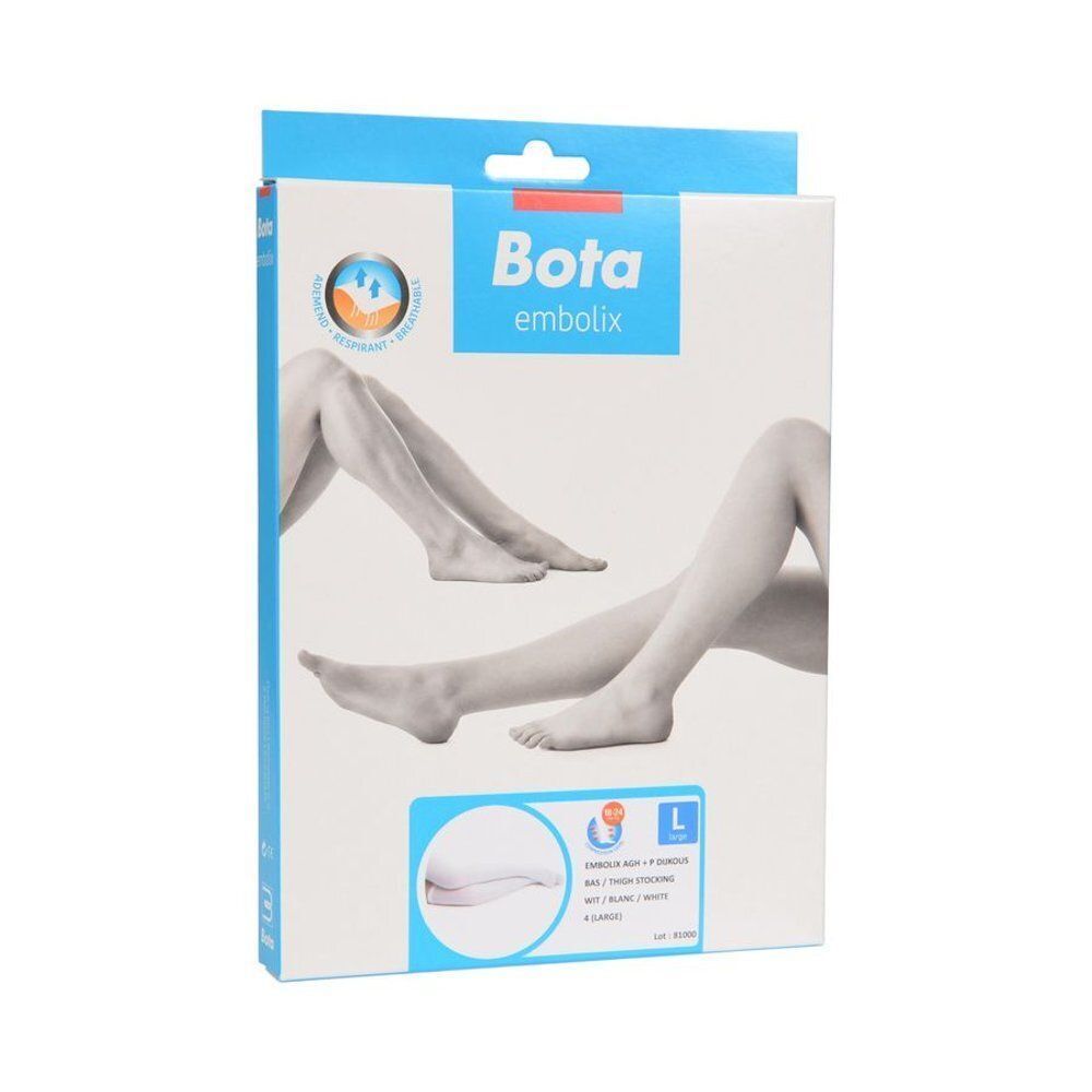 Emballage de bas de compression avec la marque 'Bota embolix' et des illustrations de jambes.