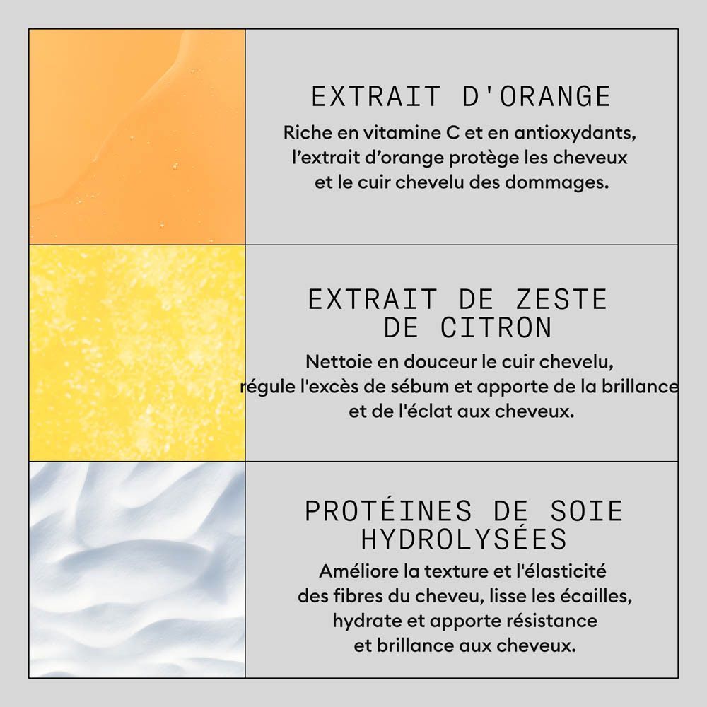 Extrait d'orange : Riche en vitamine C et antioxydants, protège les cheveux et le cuir chevelu.