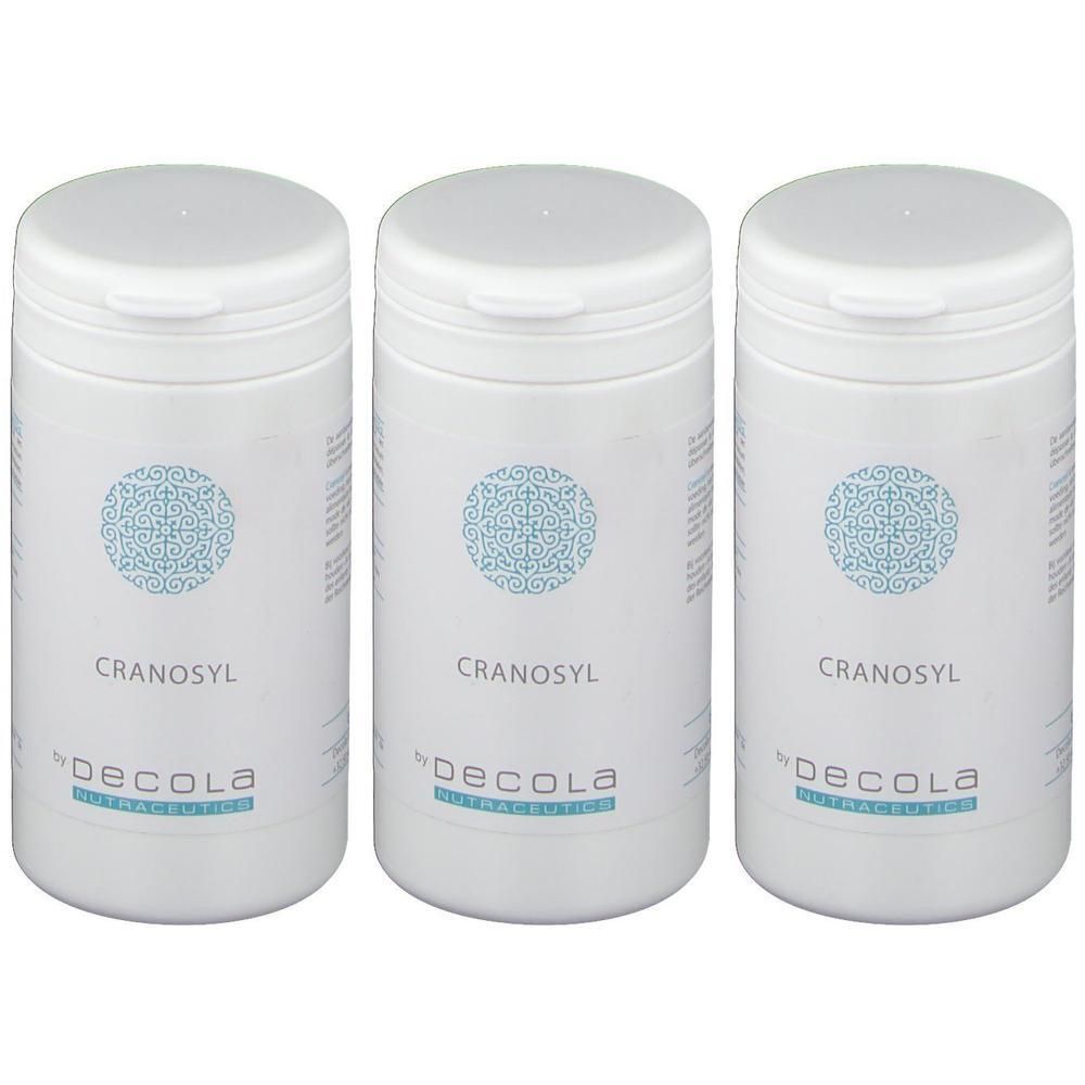 Trois contenants blancs avec le nom du produit CRANOSYL par DECOLA.