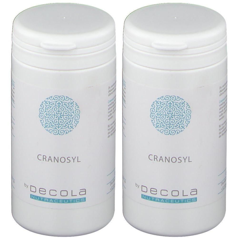 Twee witte containers met de productnaam "CRANOSYL" en het merk "DeCOLA NUTRACEUTICS".