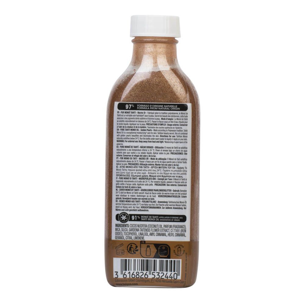 Achterkant van een fles Hei Poa Pur Monoï Tahiti met ingrediënten en certificeringen.