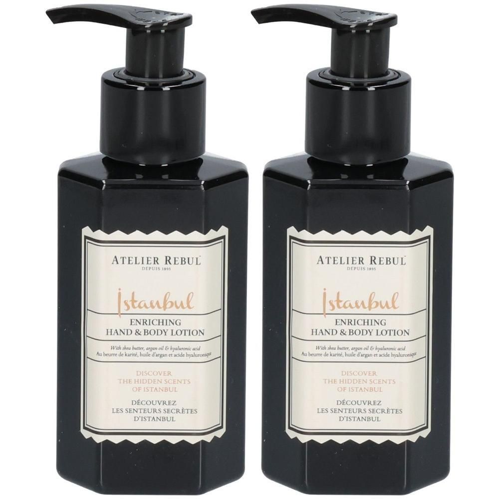 Zwei schwarze Pumpflaschen Atelier Rebul Istanbul Hand- und Körperlotion.