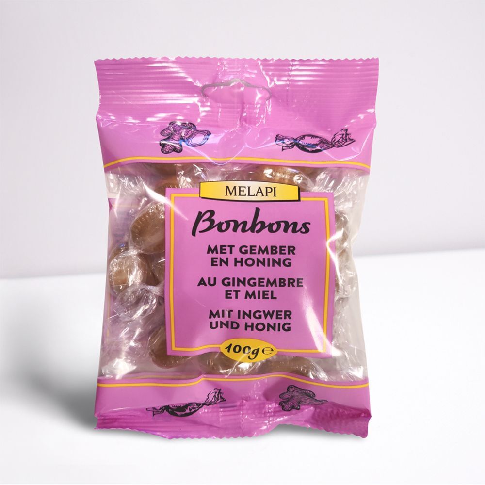 MELAPI Bonbons met gember en honing in 100g zakje.