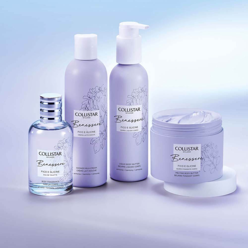 Produits de soin corporel Collistar : parfum, gel douche, beurre corporel avec pompe et beurre corporel en pot.