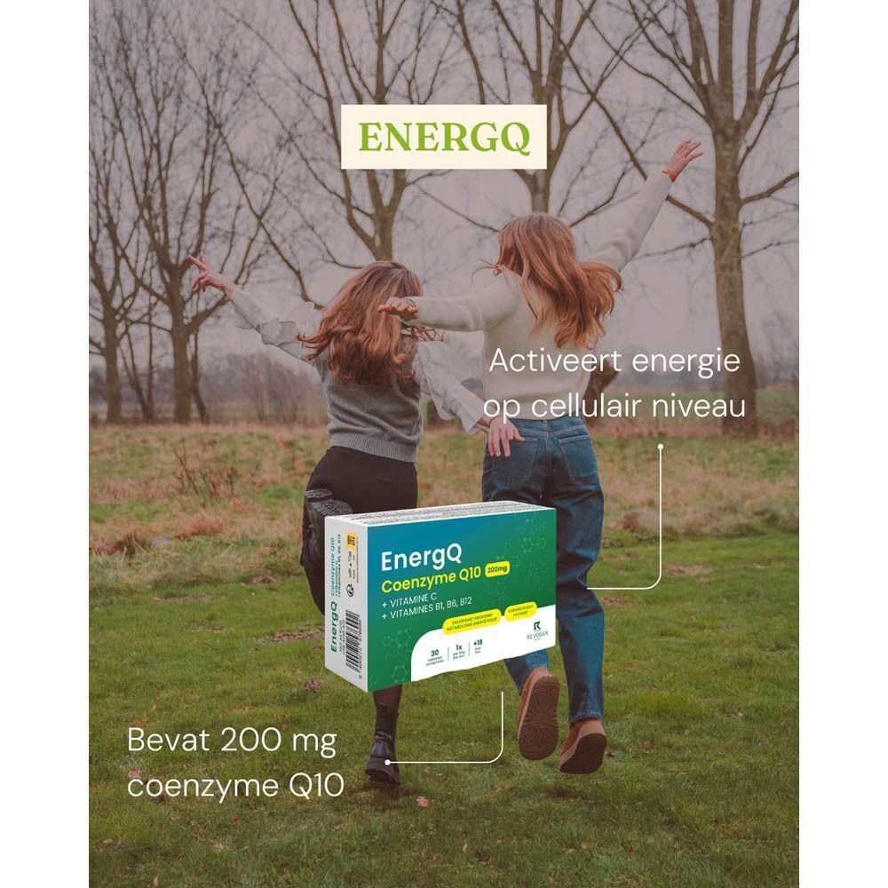 Verpakking EnergQ Coenzyme Q10 200 mg met twee dansende vrouwen buiten.